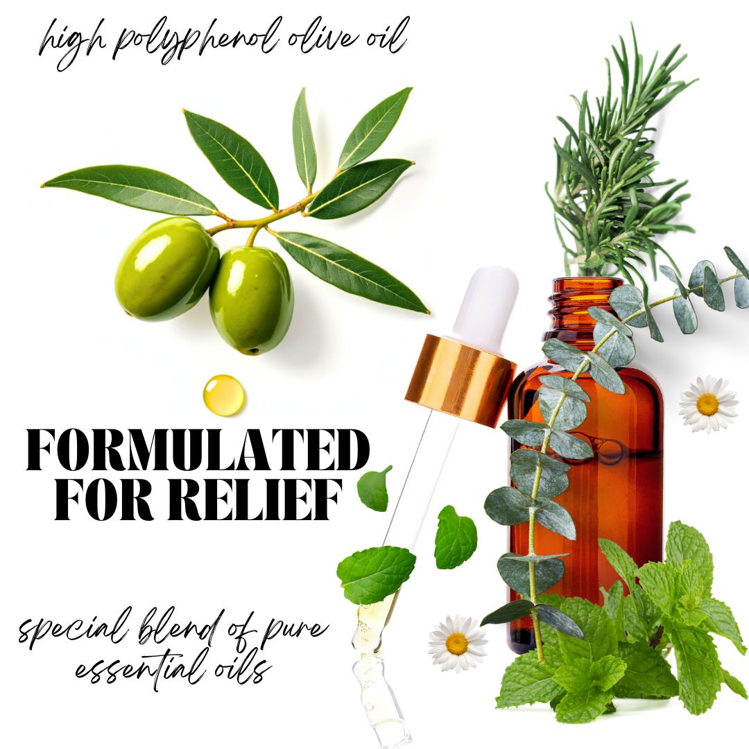 Olive Farmacy's Headache Oil formulated with a special blend of essentials oils infused in high antioxidant olive oil in an easy to roll on container. 