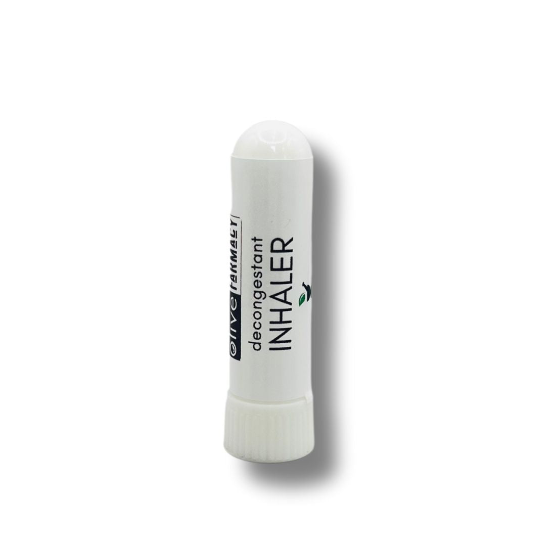 Olive Farmacy's Decongestant Inhaler in a white plastic tube. Made with pure esential oils.