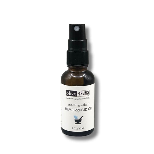 Olive Farmacy's Hemorrhoid Oil in a 30 ml amber spray bottle. 